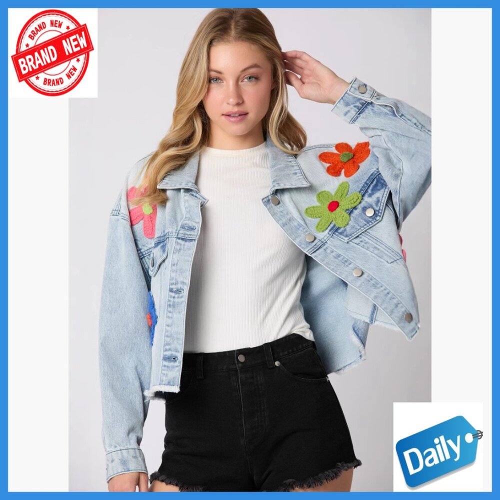 Long Sleeve Button Down 3D Flower Patchwork Crop … - image 6